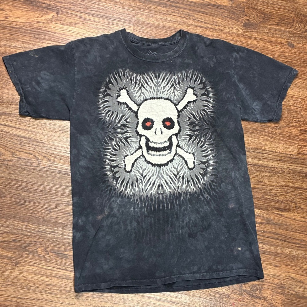 Y2K Skull Crossbones Tie Dye T Shirt Mens L Black Grunge Gothic Graphic Tee